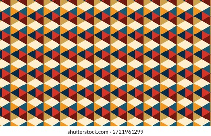 Fondo de patrón geométrico sin fisuras con triángulos coloridos y rombos en estilo moderno retro de mediados de siglo para la marca de identidad corporativa.