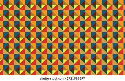 Nahtloser geometrischer Musterhintergrund mit bunten Quadraten und Dreiecken im Bauhaus-Stil für modernes Corporate Branding und textiles Design.