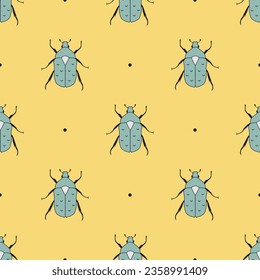 Seamless geometric pattern background of flower chafers beetles on yellow background. Look other samples in collection