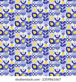 Seamless geometric pattern background, mosaic design with the simple shape of circles, and line art in purple and yellow colors. Mural wallpaper. Neo geometric. Vector Illustration.