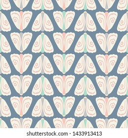 Seamless geometric pattern background of pastel coloured moths in rows . A nature vector background of insects.