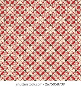 Seamless geometric pattern background. Red and green Christmas themed vector. Perfect for wrapping paper, fabric, and more.