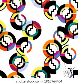 seamless geometric pattern background, retro, vintage style, with circles, stripes, paint strokes and splashes