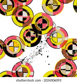 seamless geometric pattern background, retro style, with circles, stripes, paint strokes and splashes