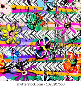 fondo de patrón geométrico sin fisuras, estilo retro/vintage, con rayas, flores, trazos y salpicaduras