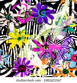 seamless geometric pattern background, retro/vintage style, with circles, stripes, flowers, strokes and splashes