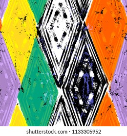 seamless geometric pattern background, retro/vintage style, with rhombus, stripes, strokes and splashes
