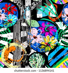 seamless geometric pattern background, retro/vintage style, with circles, stripes, flowers, strokes and splashes