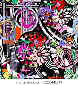 seamless geometric pattern background, retro/vintage style, with circles, stripes, flowers, strokes and splashes