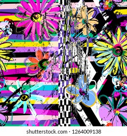 seamless geometric pattern background, retro/vintage style, with stripes, flowers, strokes and splashes