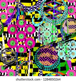 seamless geometric pattern background, retro/vintage style, with circles, stripes, strokes and splashes