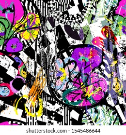 seamless geometric pattern background, retro/vintage style, with circles, stripes, flowers, strokes and splashes