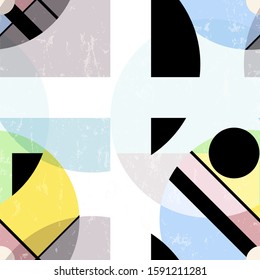 seamless geometric pattern background, retro/vintage style, with circles, strokes and splashes