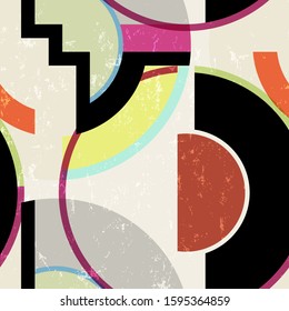 seamless geometric pattern background, retro/vintage style, with circles, strokes and splashes
