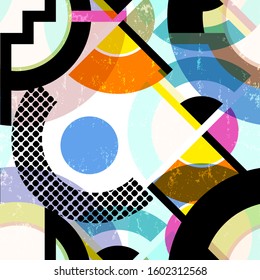 seamless geometric pattern background, retro/vintage style, with circles, strokes and splashes