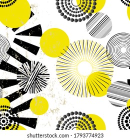 seamless geometric pattern background, retro/vintage style, with circles/dots, strokes and splashes