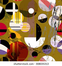 seamless geometric pattern background, retro/vintage style, with circles, strokes and splashes
