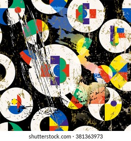 seamless geometric pattern background, retro/vintage style, with circles, strokes and splashes