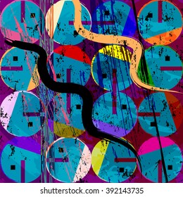 seamless geometric pattern background, retro/vintage style, with circles, strokes and splashes