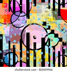 seamless geometric pattern background, retro/vintage style, with circles, stripes, strokes and splashes