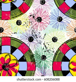 seamless geometric pattern background, retro/vintage style, with circles, flowers, strokes and splashes