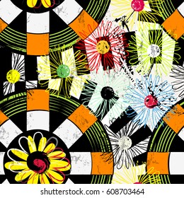 seamless geometric pattern background, retro/vintage style, with circles, flowers, strokes and splashes
