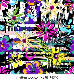 seamless geometric pattern background, retro/vintage style, with stripes, flowers, strokes and splashes