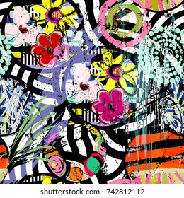seamless geometric pattern background, retro/vintage style, with circles, stripes, flowers, strokes and splashes
