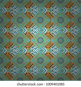 Seamless geometric pattern. Geometric background with rhombus, dots and nodes. Vector seamless pattern. Abstract geometric pattern. Colorful texture. Blue, green and brown background.