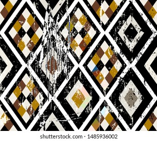 seamless geometric pattern background, with rhombus, strokes and splashes, grungy