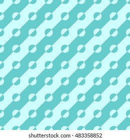 Seamless geometric pattern background wide strips at an angle with circles cut into half in two shades of aquamarine and light blue.