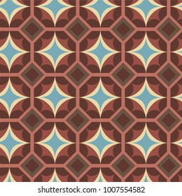 a seamless geometric pattern based on octagons with star shapes in light blue with a cream colored border
