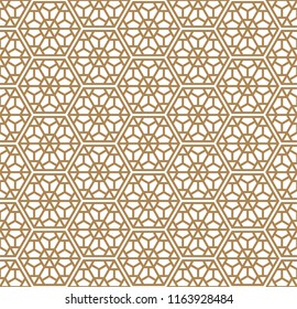 Seamless geometric pattern based on Japanese ornament Kumiko.Golden color.Separated hexagons.