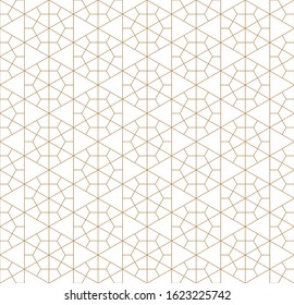 Seamless geometric pattern based on Japanese woodwork style Kumiko .Gold lines.For design template,textile,fabric,wrapping paper,laser cutting and engraving.Fine lines.