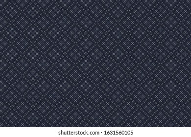 Seamless geometric pattern based on Thai hill tribe embroidery. Indigo and light blue texture on midnight blue background.  Idea for printing on fabric or wallpaper.