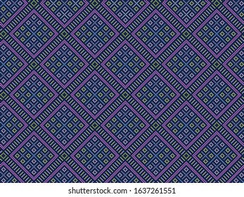 Seamless geometric pattern based on Thai hill tribe embroidery. Pastel dot texture on blue background. Idea for printing on fabric,wallpaper,male polo T-shirt,textile,wrapping cloth.Abstract rhombus. 