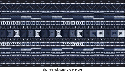 Seamless geometric pattern based on Thai hill tribe embroidery. Blue tone texture on midnight blue background.  Idea for printing on fabric or wallpaper.
