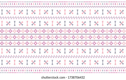 Seamless geometric pattern based on Thai hill tribe embroidery. Pink and blue grey texture on white background.  Idea for printing on fabric or wallpaper.