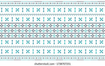 Seamless geometric pattern based on Thai hill tribe embroidery. Blue tone texture on white background.  Idea for printing on fabric or wallpaper.