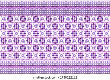 Seamless geometric pattern based on Thai hill tribe embroidery. Violet tone texture on white background.  Idea for printing on fabric or wallpaper.