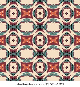Motif géométrique harmonieux, basé sur le style tissu ikat. Illustration vectorielle. Motif de tapis oriental, sur fond vert rouge et blanc.
