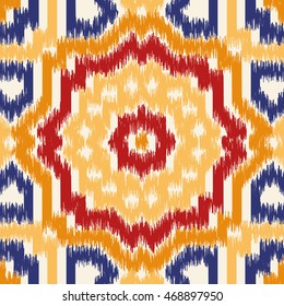 Seamless geometric pattern, based on ikat fabric style. Vector illustration.