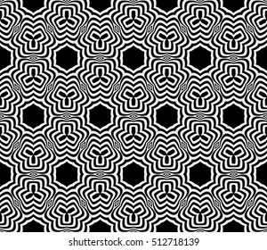 Seamless geometric pattern based on the elements of optical illusions. Vector illustration. For the interior design, wallpaper, background, decoration print, fill pages.