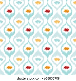 Seamless geometric pattern, based on ikat fabric style. Vector illustration. Carpet rug texture vector imitation. Turquoise mint, yellow orange and red ogee pattern.
