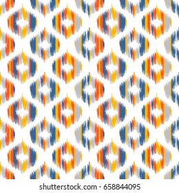Seamless geometric pattern, based on ikat fabric style. Vector illustration. Carpet rug texture vector imitation. Yellow, red, blue and grey ogee pattern.