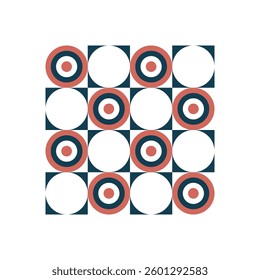 A seamless geometric pattern in Bauhaus style featuring abstract circular shapes. Bold and modern design with a retro aesthetic. Ideal for textiles, wallpapers, branding, and digital backgrounds.