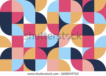 A seamless geometric pattern in Bauhaus style featuring curved shapes and bright color blocks in red, blue, orange, and navy.this design suitable with interior, print, web design, template