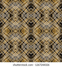 Seamless geometric pattern.Can be printed and used as wrapping paper, wallpaper,fabric.EPS format.Rhombuses.Lines.Lines of different width.warm colour.the colors of the earth. ochre.black background