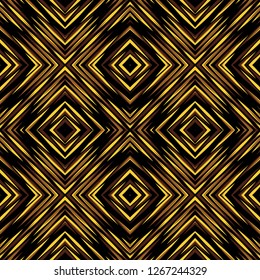 Seamless geometric pattern.Can be printed and used as wrapping paper, wallpaper,fabric.EPS format.Rhombuses.Lines.Lines of different width.warm colour.the colors of the earth. ochre.black background
