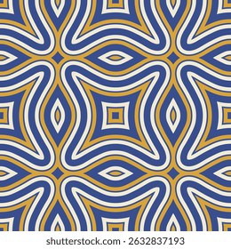 Seamless geometric pattern with a beautiful drawing of concentric wavy blue, yellow, and white lines in a trendy and modern style.  Abstract vector illustration.